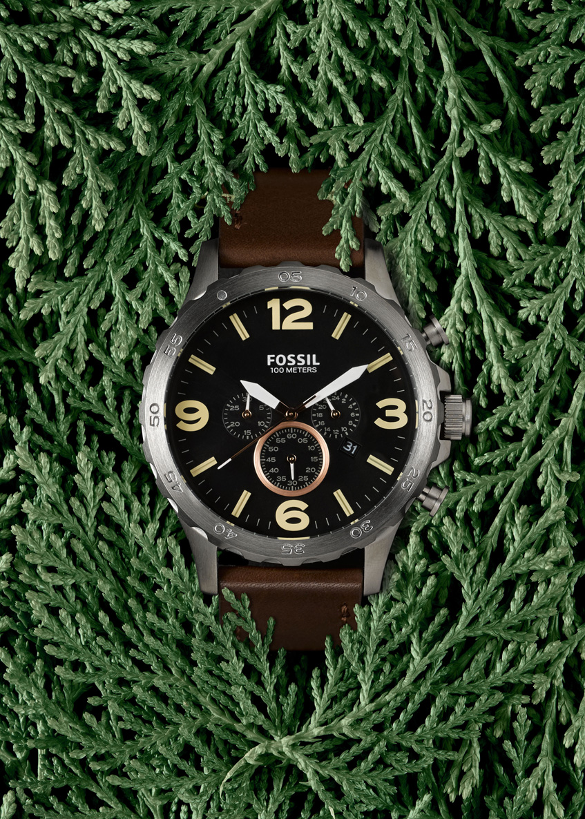 Fossil watch surrounded my leaves.