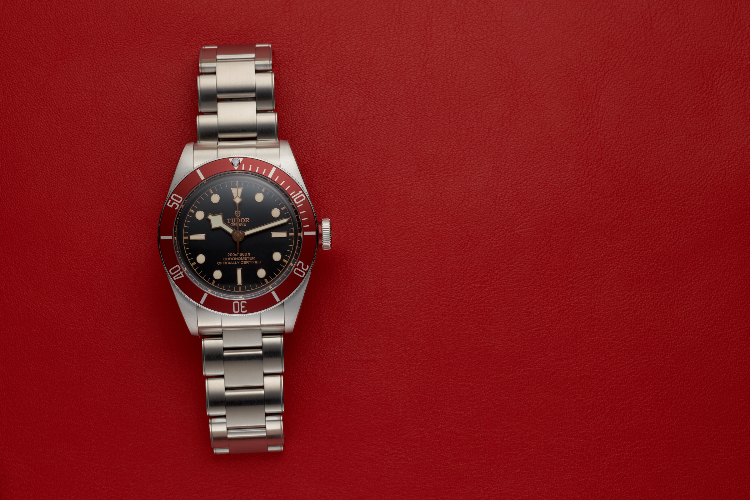 Tudor Black Bay 79230R on a red leather